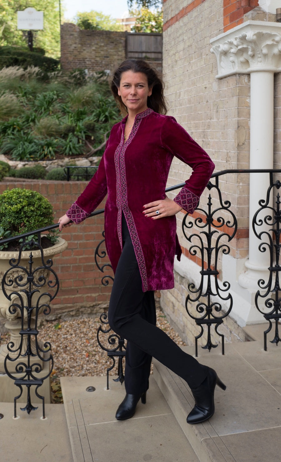 Deep fuchsia embroidered velvet jacket with a soft tailored fit by Kaminee