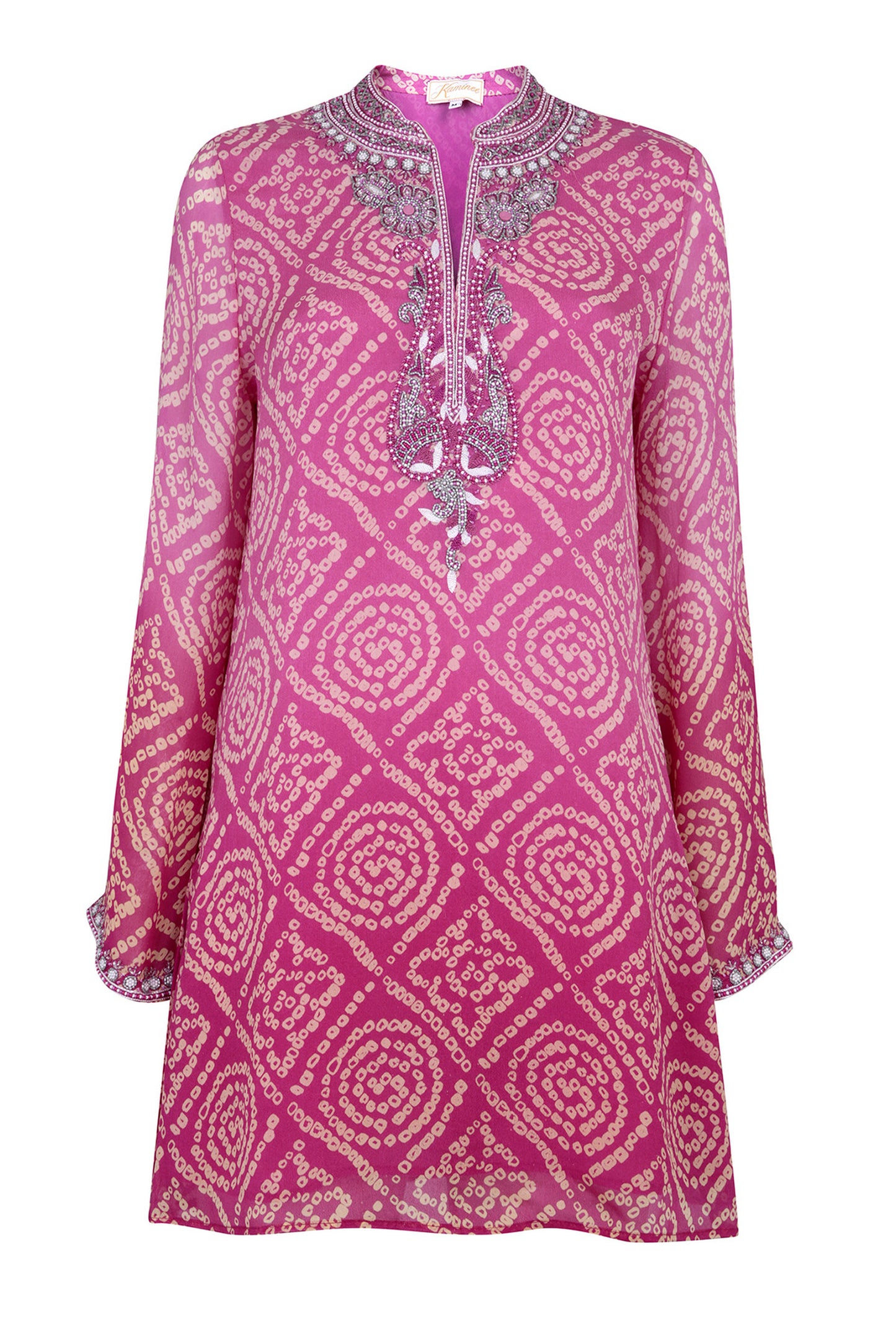 Mustique shaded fuchsia hand-embroidered silk kaftan by Kaminee, georgette-lined with ombre colour gradation and relaxed silhouette