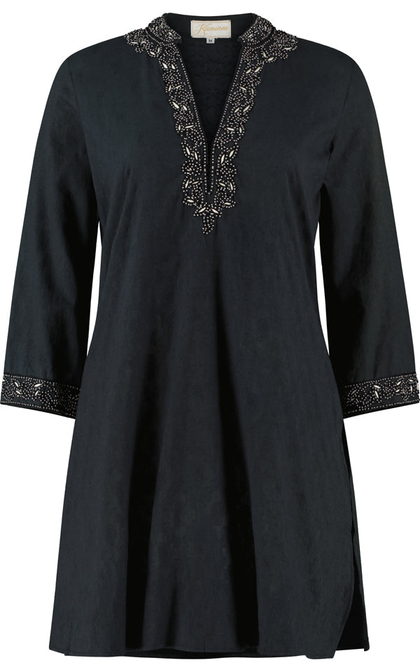 Black cotton doby kaftan by Kaminee