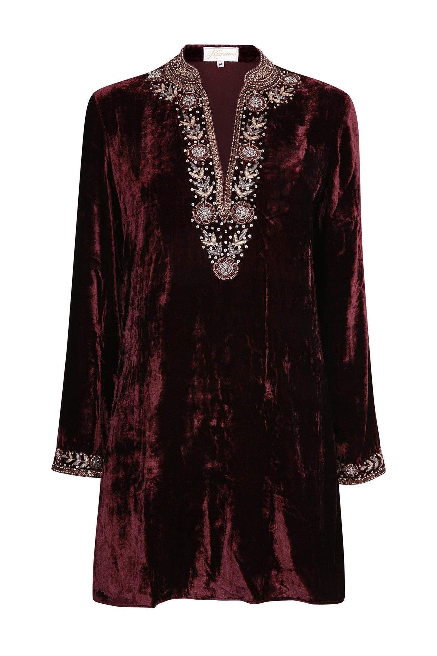 Deep burgundy velvet Samode tunic by Kaminee London