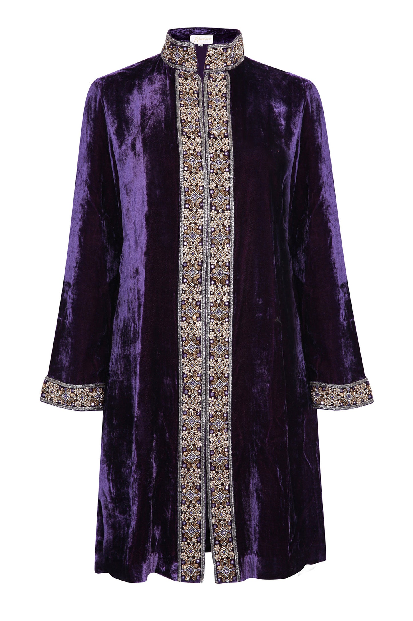 Regal purple embroidered velvet jacket with an ornate heritage-inspired finish by Kaminee