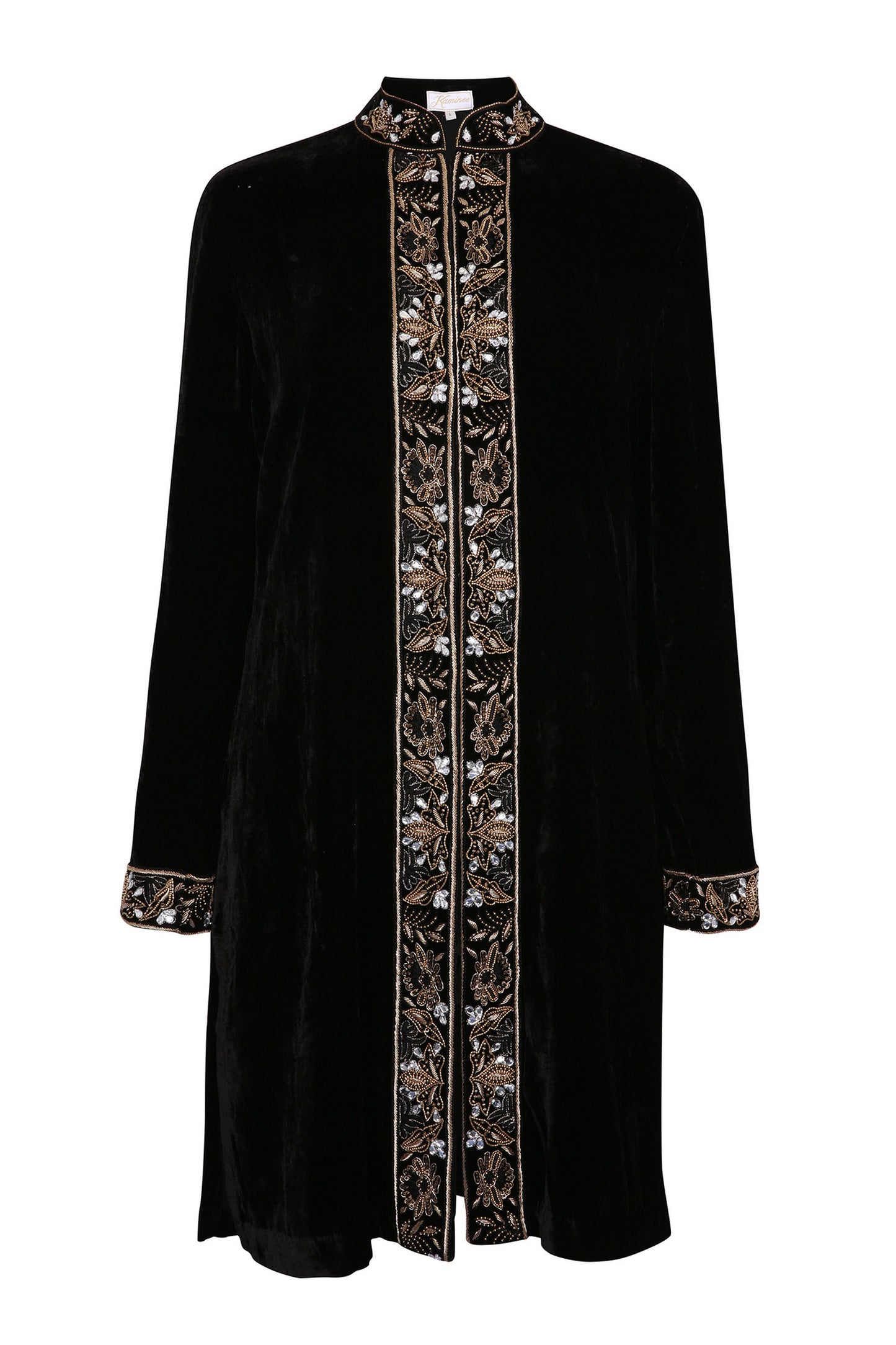 Black embroidered velvet jacket with a refined eveningwear silhouette by Kaminee