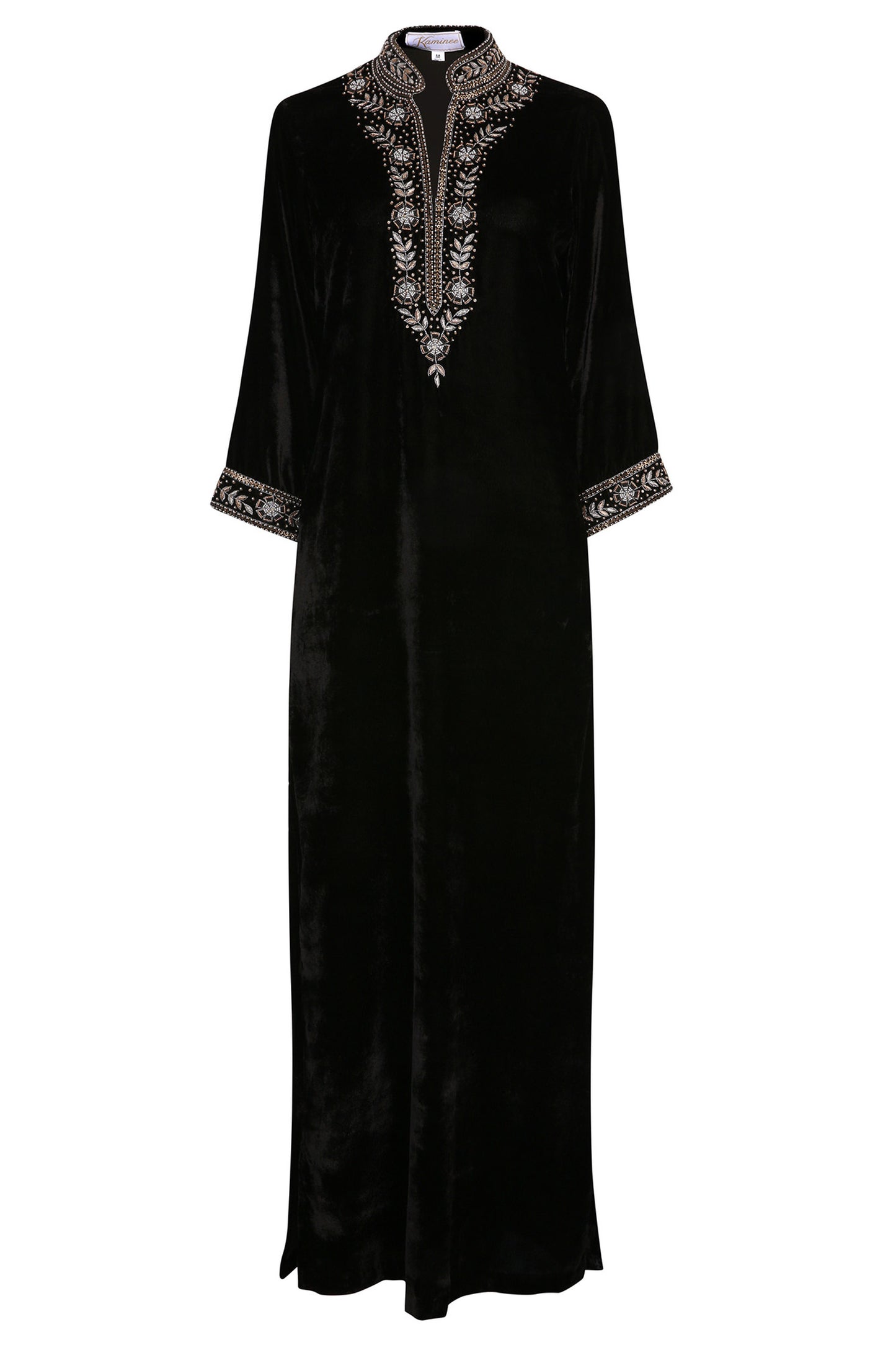 Black embroidered velvet dress with a refined eveningwear silhouette by Kaminee