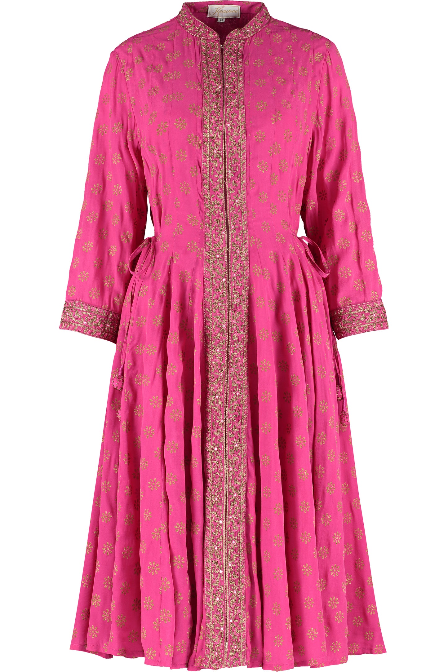 Fuchsia georgette angharkha dress with a flowing wrap-style fit by Kaminee
