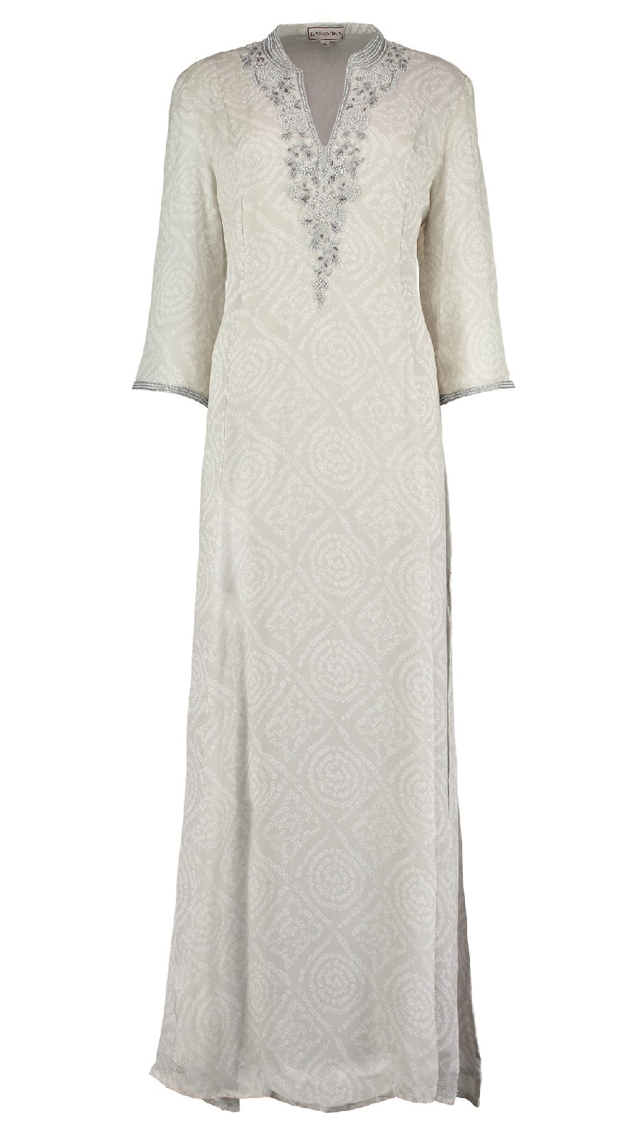 Long grey silk dress with a soft flowing resortwear silhouette by Kaminee
