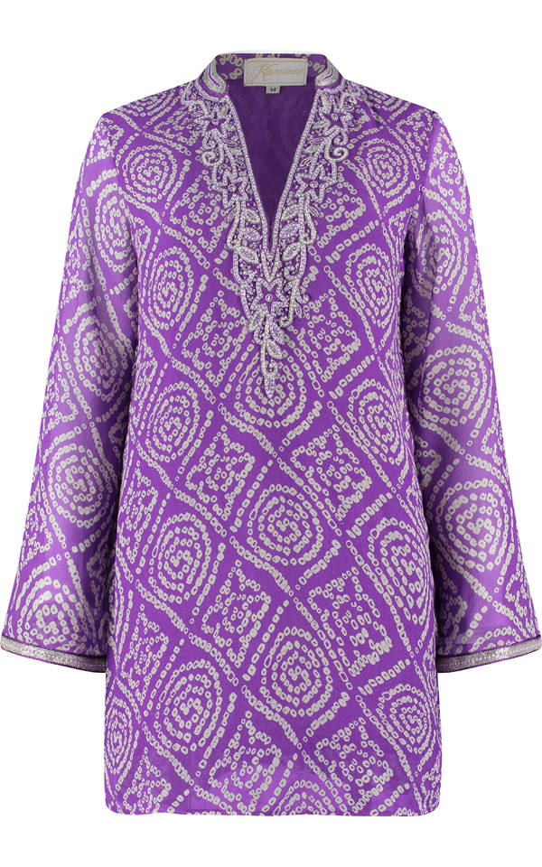 Jamaica purple hand-embroidered silk kaftan by Kaminee, georgette-lined with relaxed occasion-wear silhouette