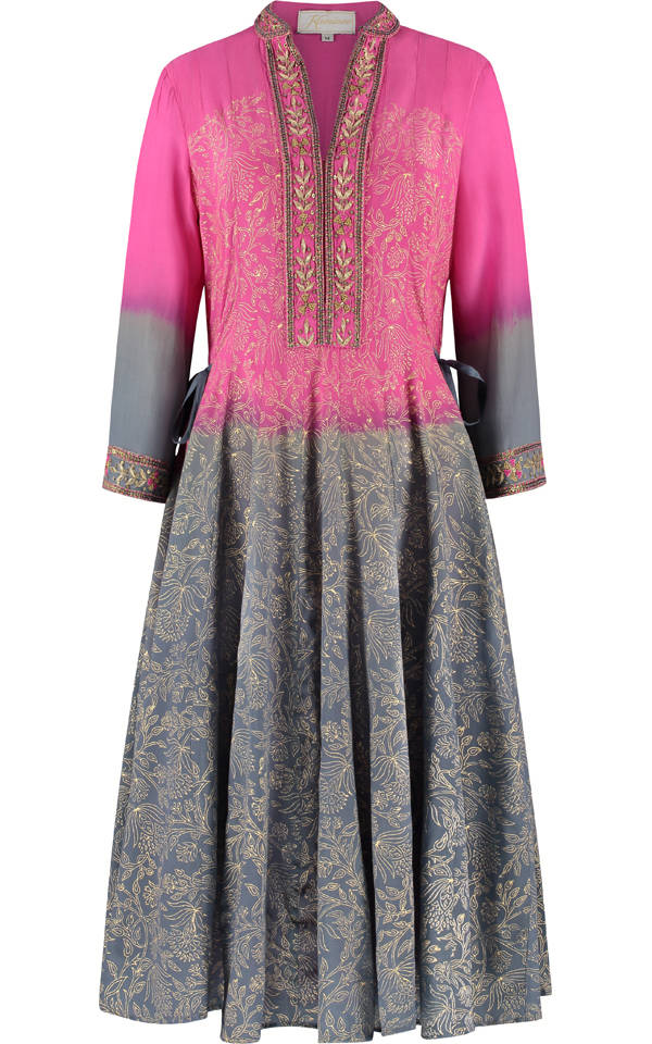 Fuchsia and grey georgette dress with a lightweight flowing drape by Kaminee
