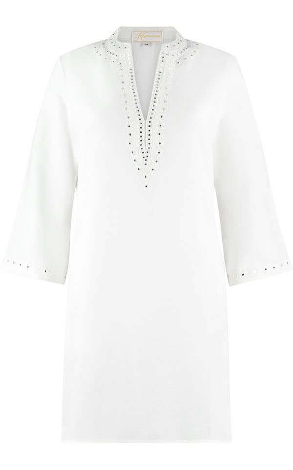 Seychelles white embroidered linen kaftan by Kaminee