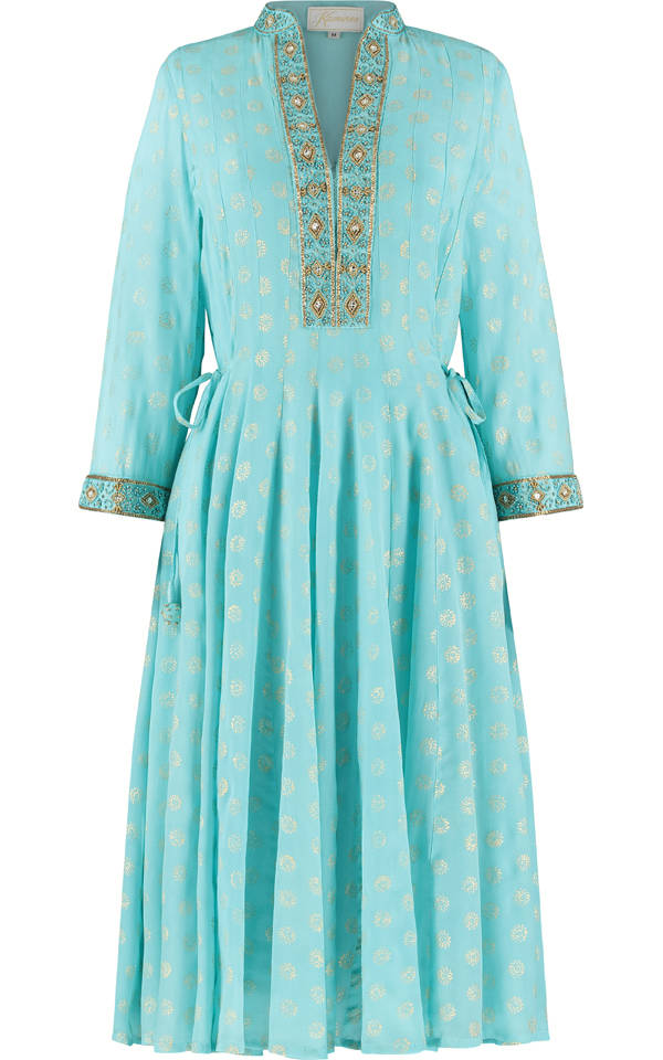 Turquoise silk angharkha dress with a half-open front by Kaminee