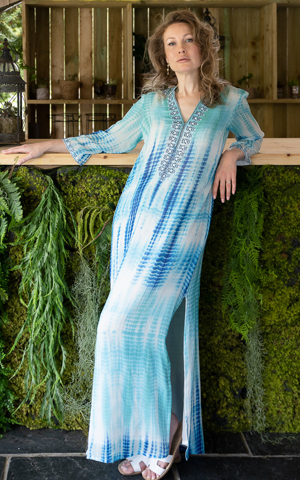 Long blue silk georgette dress with a lightweight flowing drape by Kaminee
