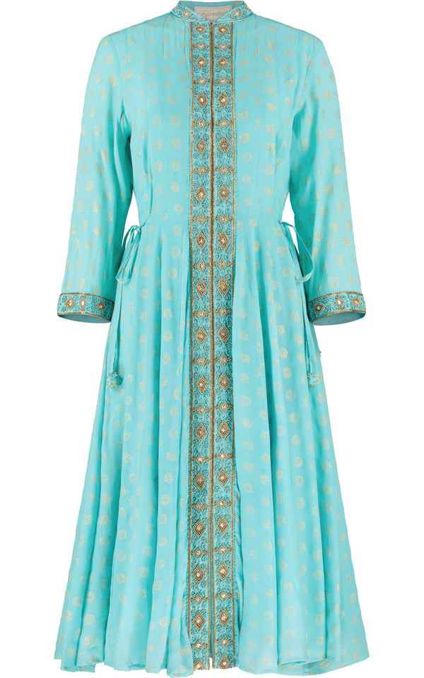 Turquoise silk angharkha dress with a full front opening by Kaminee