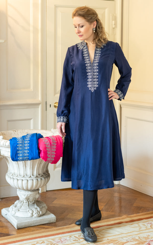 Midnight blue silk panel dress with an elegant flowing fit by Kaminee
