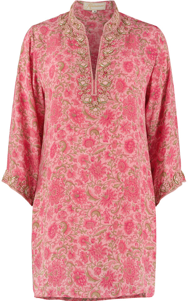 Bali fuchsia hand-embroidered silk kaftan by Kaminee, georgette-lined with beaded embroidery and relaxed occasion-wear silhouette