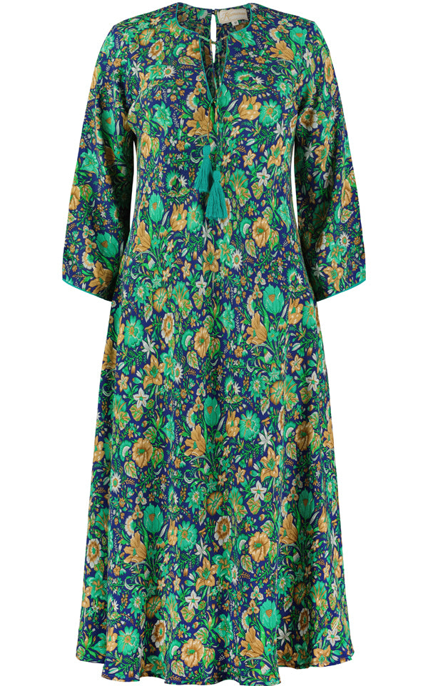 Navy and green silk dress with a tropical print and relaxed fit by Kaminee