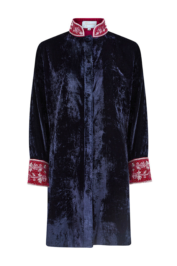 Navy and fuchsia embroidered velvet jacket with a rich decorative finish by Kaminee