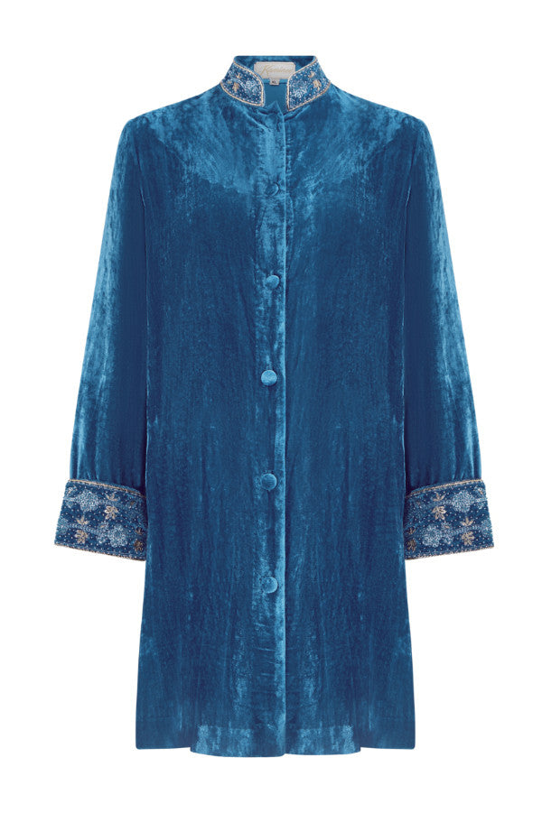 Petrol blue embroidered velvet jacket with a refined occasionwear silhouette by Kaminee