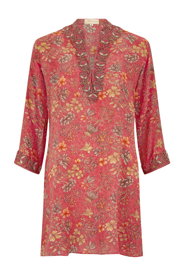 Amanpura strawberry pink hand-embroidered silk kaftan by Kaminee, relaxed silhouette with embroidered neckline detail