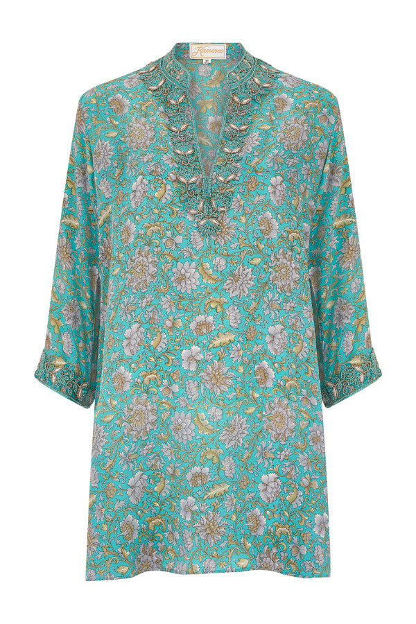 Amanpura turquoise hand-embroidered silk kaftan by Kaminee, fluid relaxed silhouette with embroidered neckline detail