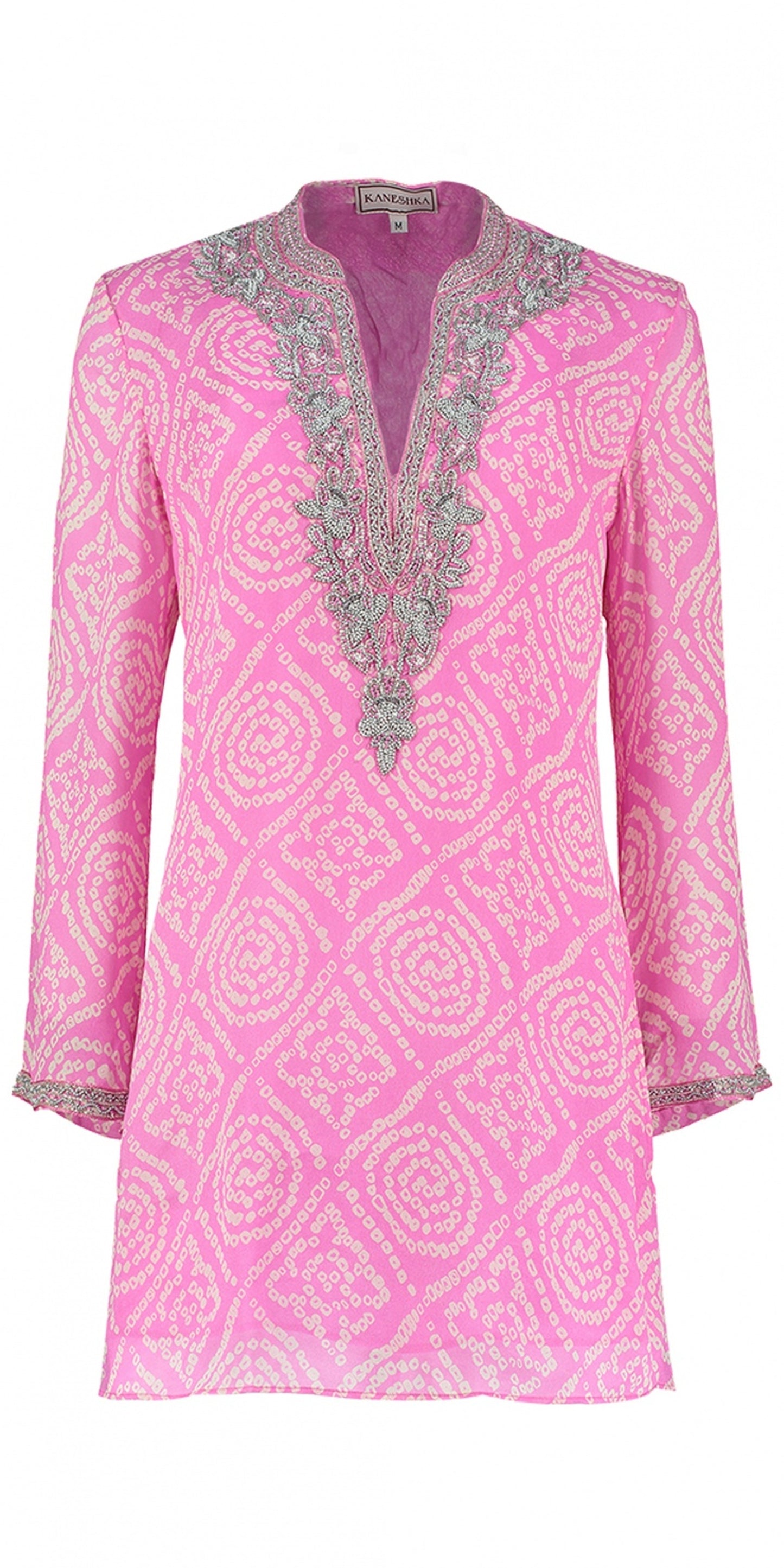 Benares fuchsia and lilac hand-embroidered silk kaftan by Kaminee, georgette-lined with delicate embroidery detail