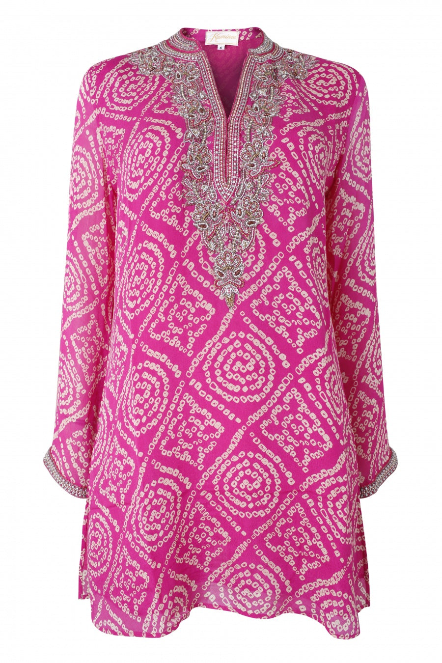 Cocoa Palm fuchsia hand-embroidered silk kaftan by Kaminee, georgette-lined with relaxed occasion-wear silhouette