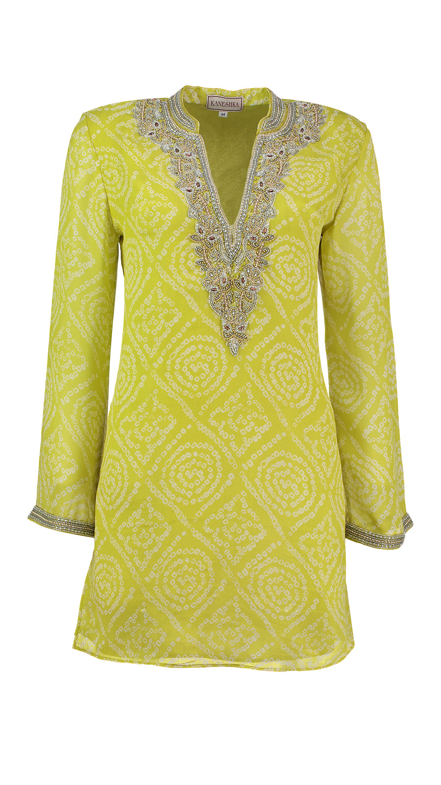Cocoa Palm lime green hand-embroidered silk kaftan by Kaminee, georgette-lined with relaxed occasion-wear silhouette