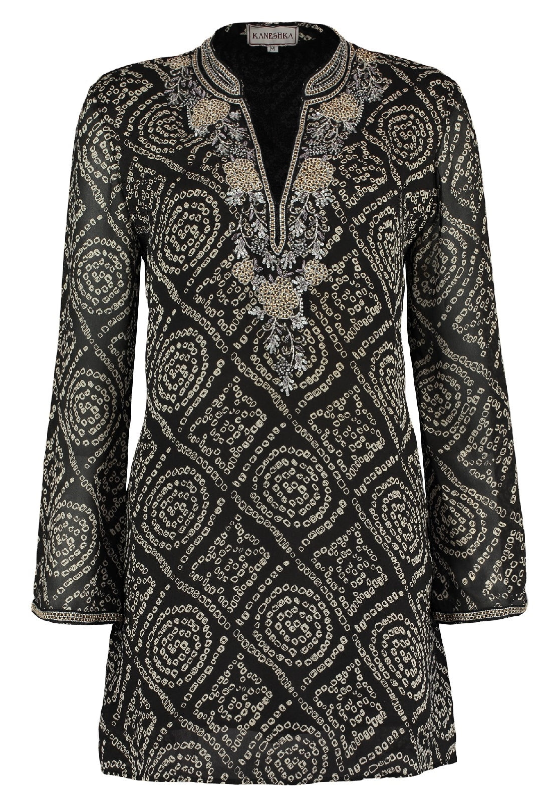 Amber Fort black hand-embroidered silk kaftan by Kaminee, georgette-lined with intricate embroidery and relaxed silhouette