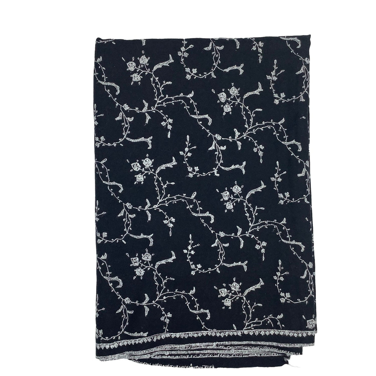Black pure cashmere stole with white jaal hand embroidery