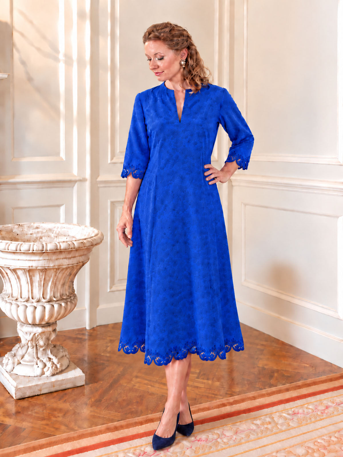 Istanbul blue georgette dress with tone-on-tone hand block print on model