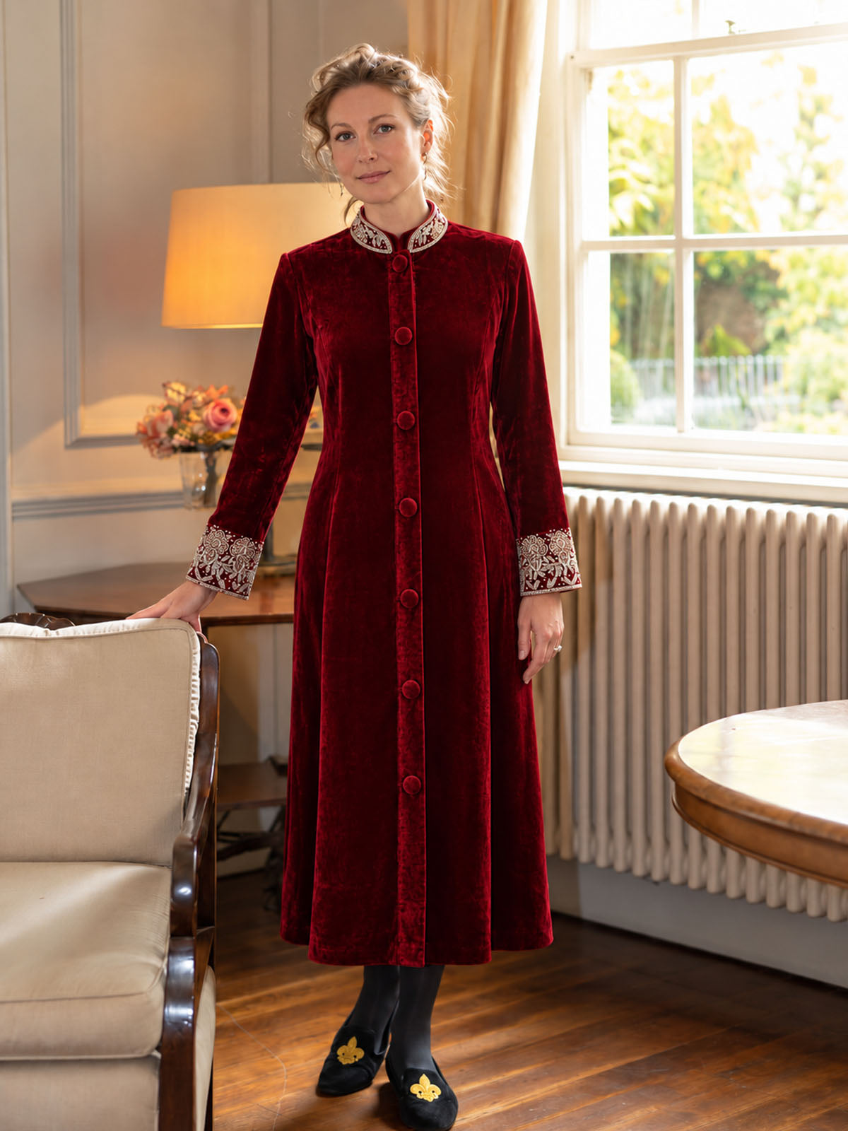 Devika red silk velvet jacket dress with hand embroidery
