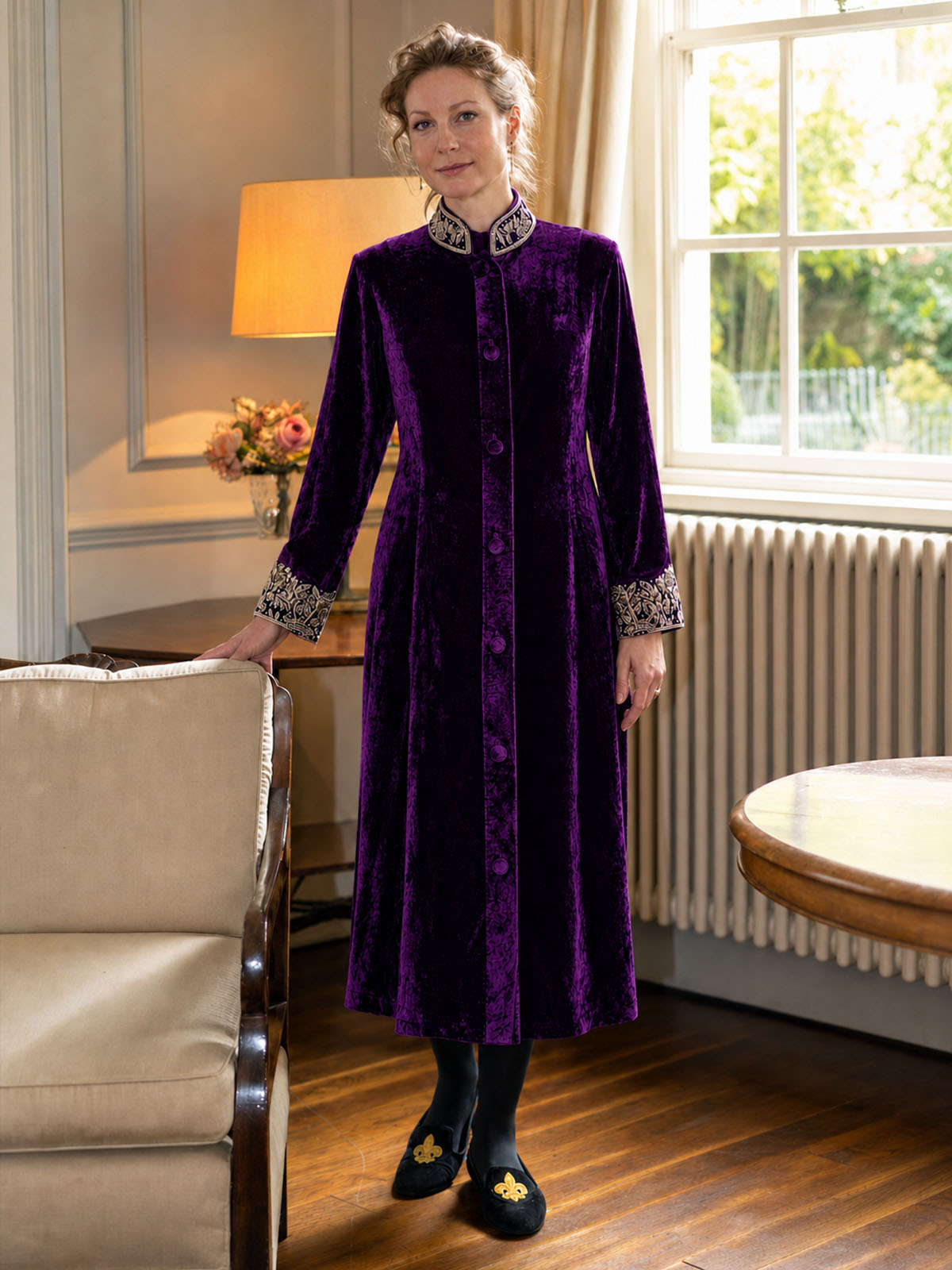 Devika purple silk velvet jacket dress with hand embroidery