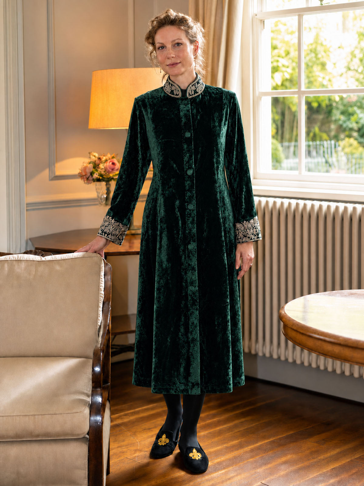 Devika green silk velvet jacket dress with hand embroidery