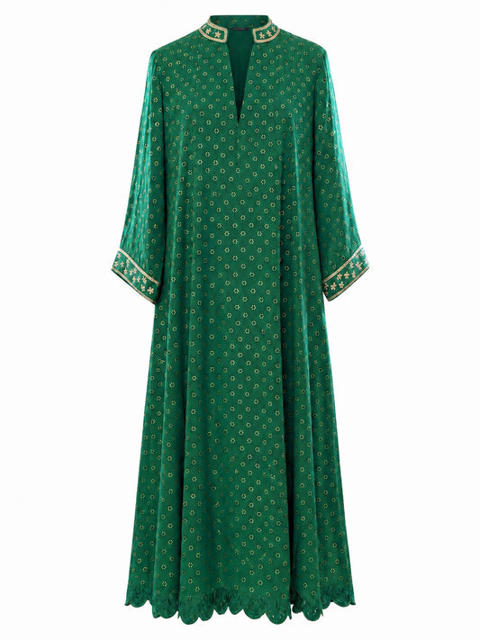 Amara green georgette dress with gold embroidery and scalloped hem