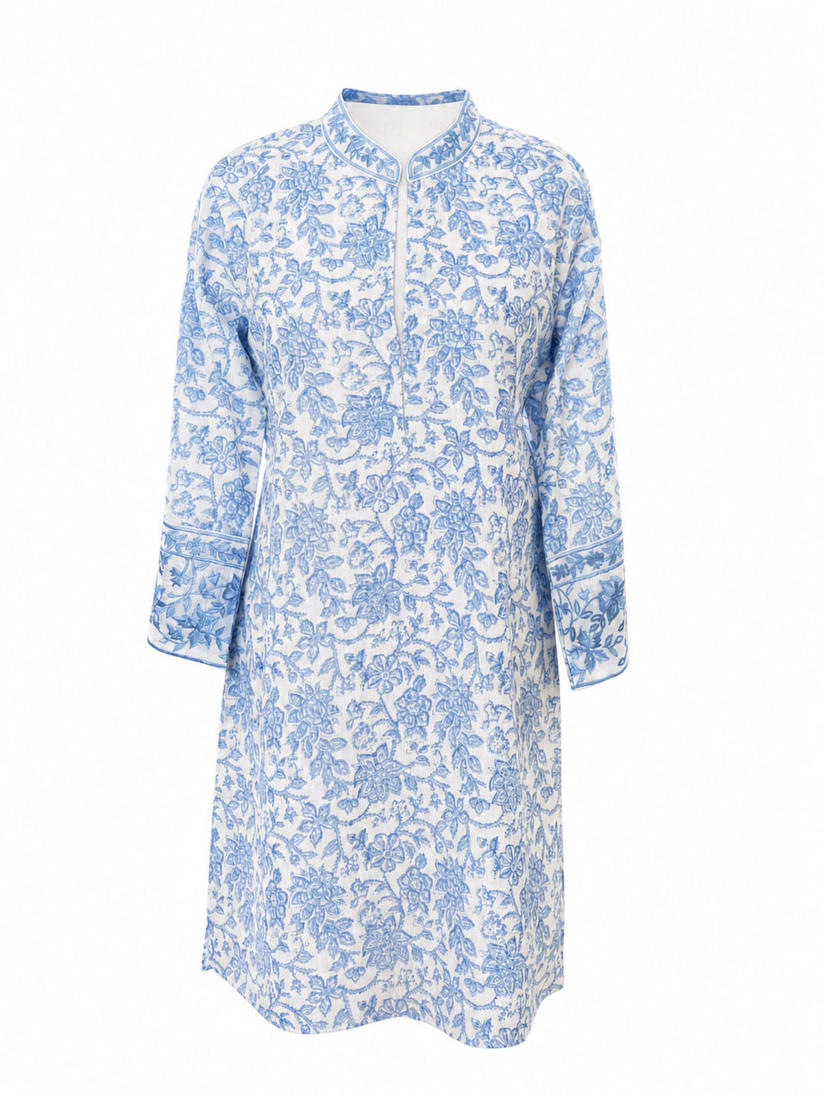 Lagoon Linen Kaftan in Blue — ivory linen with cornflower block-print floral, tonal border trim, relaxed fit, by Kaminee