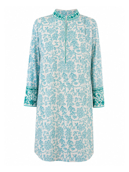 Lagoon Linen Kaftan — ivory linen with aqua block-print floral, teal embroidered collar and cuffs, relaxed fit, by Kaminee