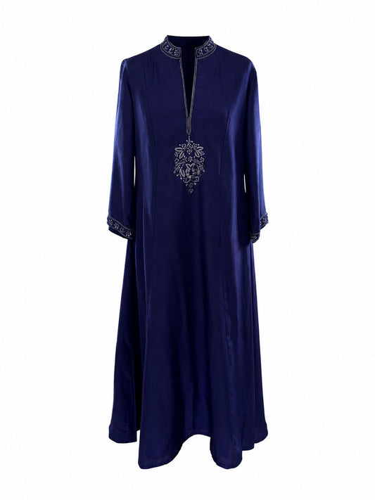 Pichola midnight blue pure silk dress with embroidered neckline and cuffs