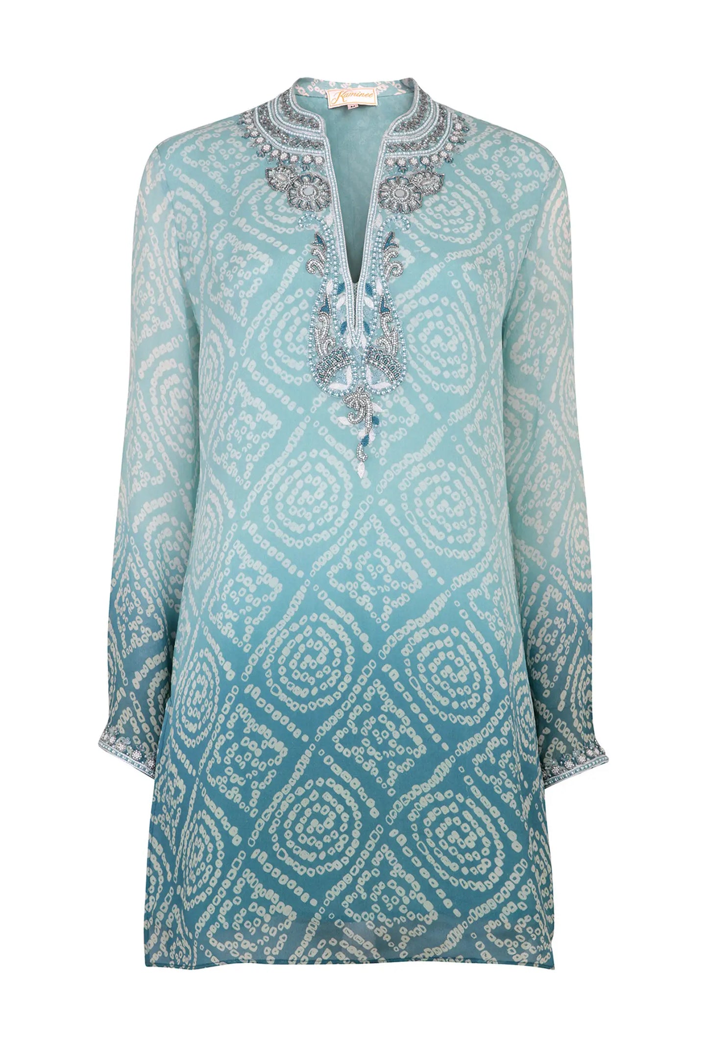 Mustique shaded aqua hand-embroidered silk kaftan by Kaminee, georgette-lined with ombre colour gradation and relaxed silhouette
