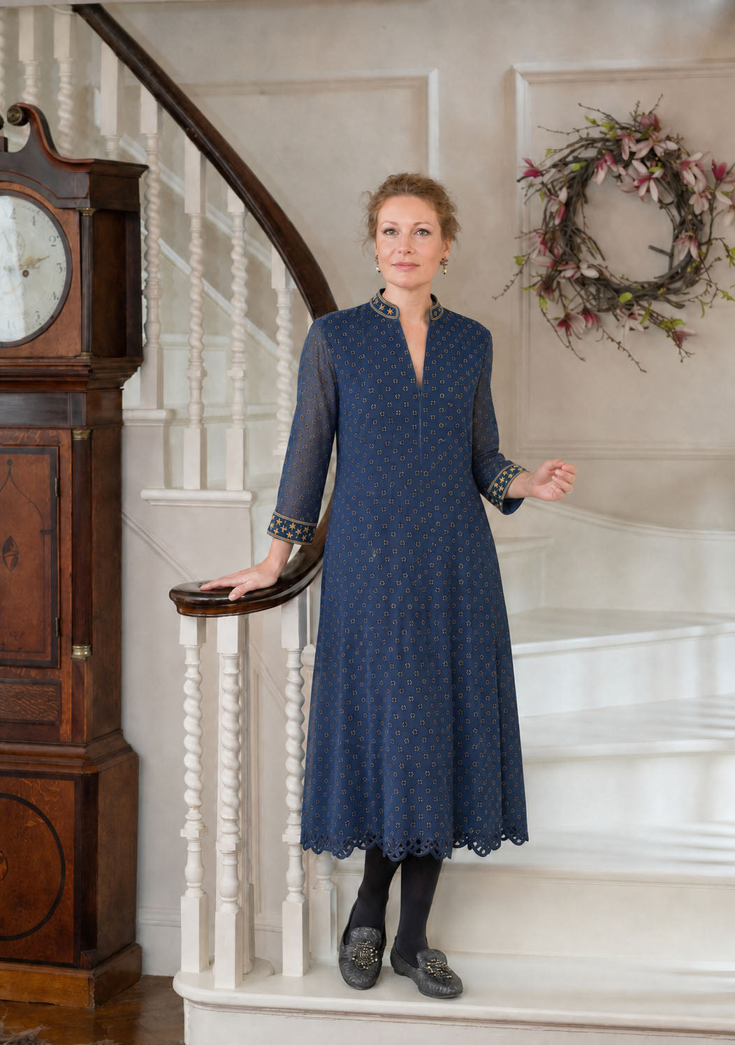 Elegant Navy Embroidered Georgette Dress