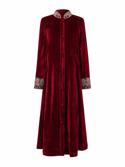 Devika red silk velvet jacket dress front view