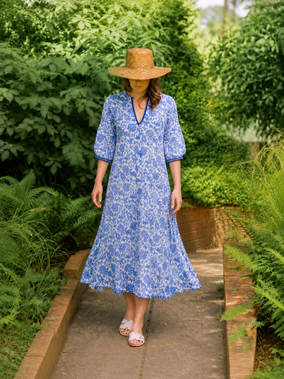 Navy floral hand block linen dress with puffy sleeves by Kaminee London
