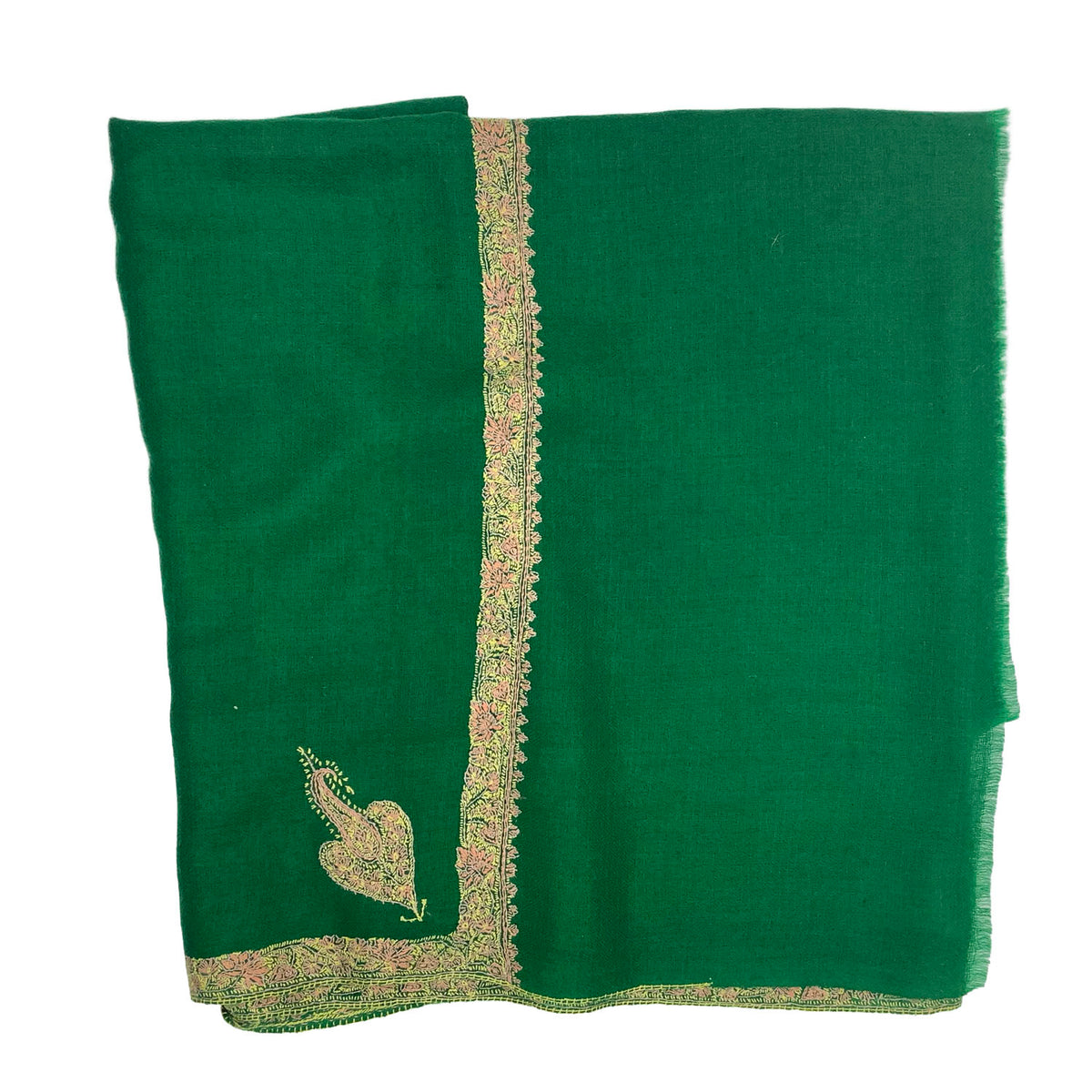 Deep green pure cashmere stole with paisley hand embroidery
