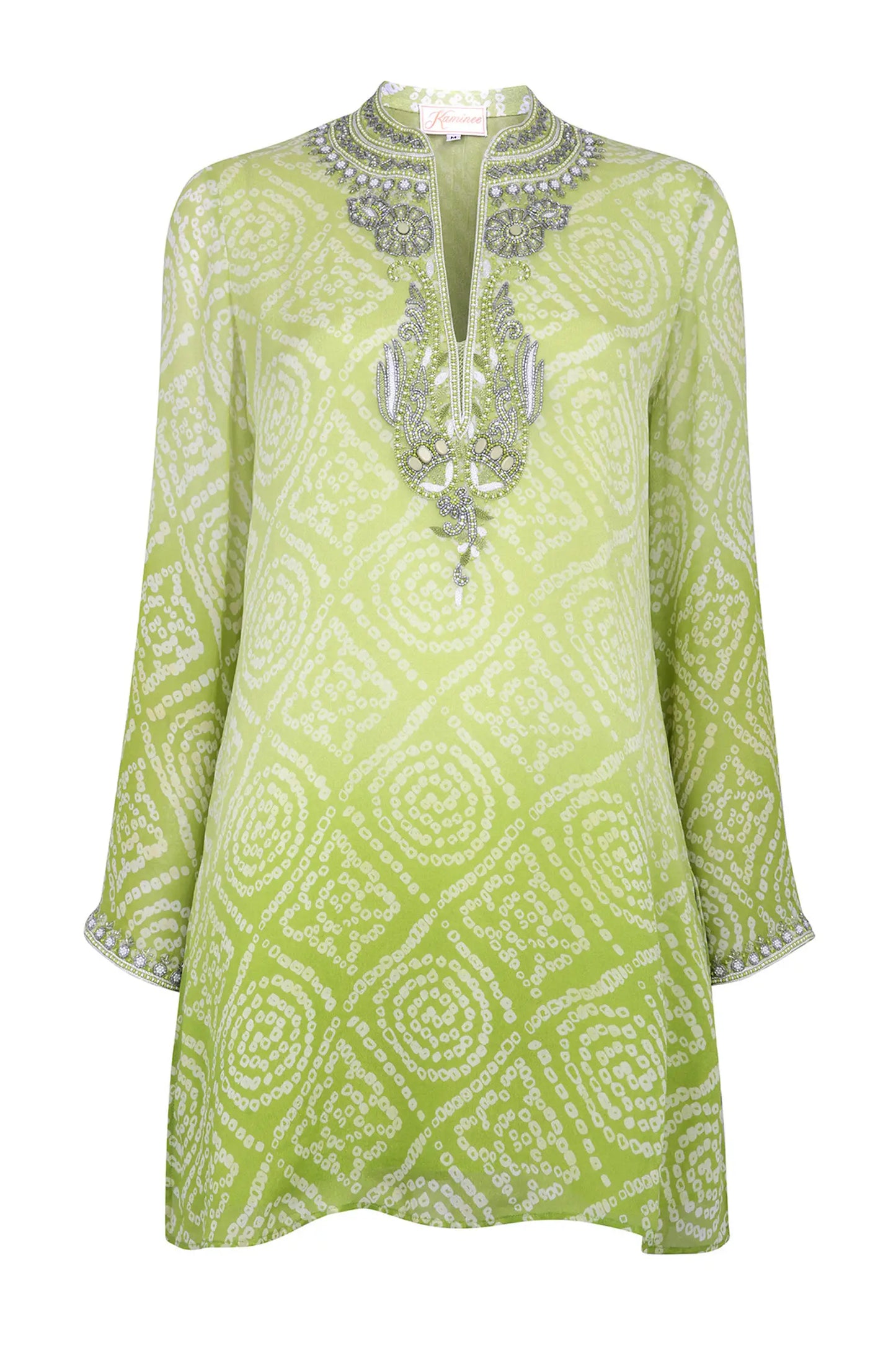 Mustique shaded lime green hand-embroidered silk kaftan by Kaminee, georgette-lined with ombre colour gradation and relaxed silhouette