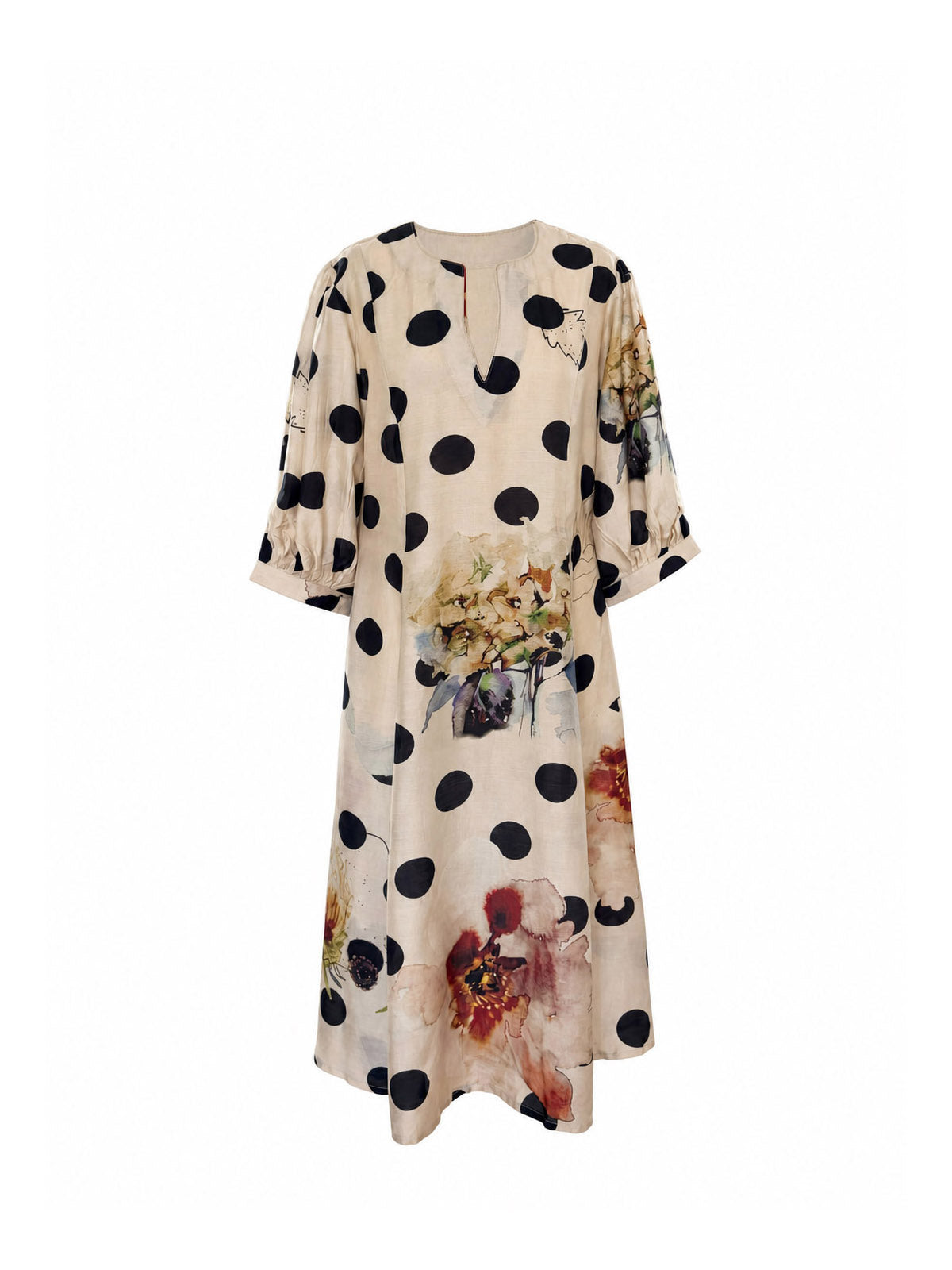 Off-white cotton silk dress with black polka dots and floral print