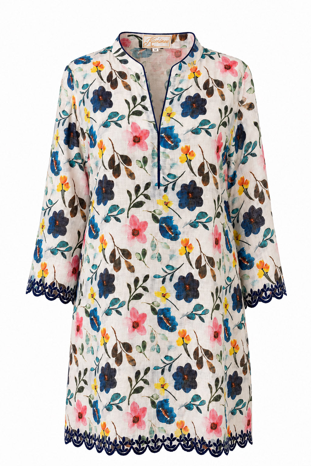 Palermo floral linen kaftan with scalloped embroidered hem and sleeves