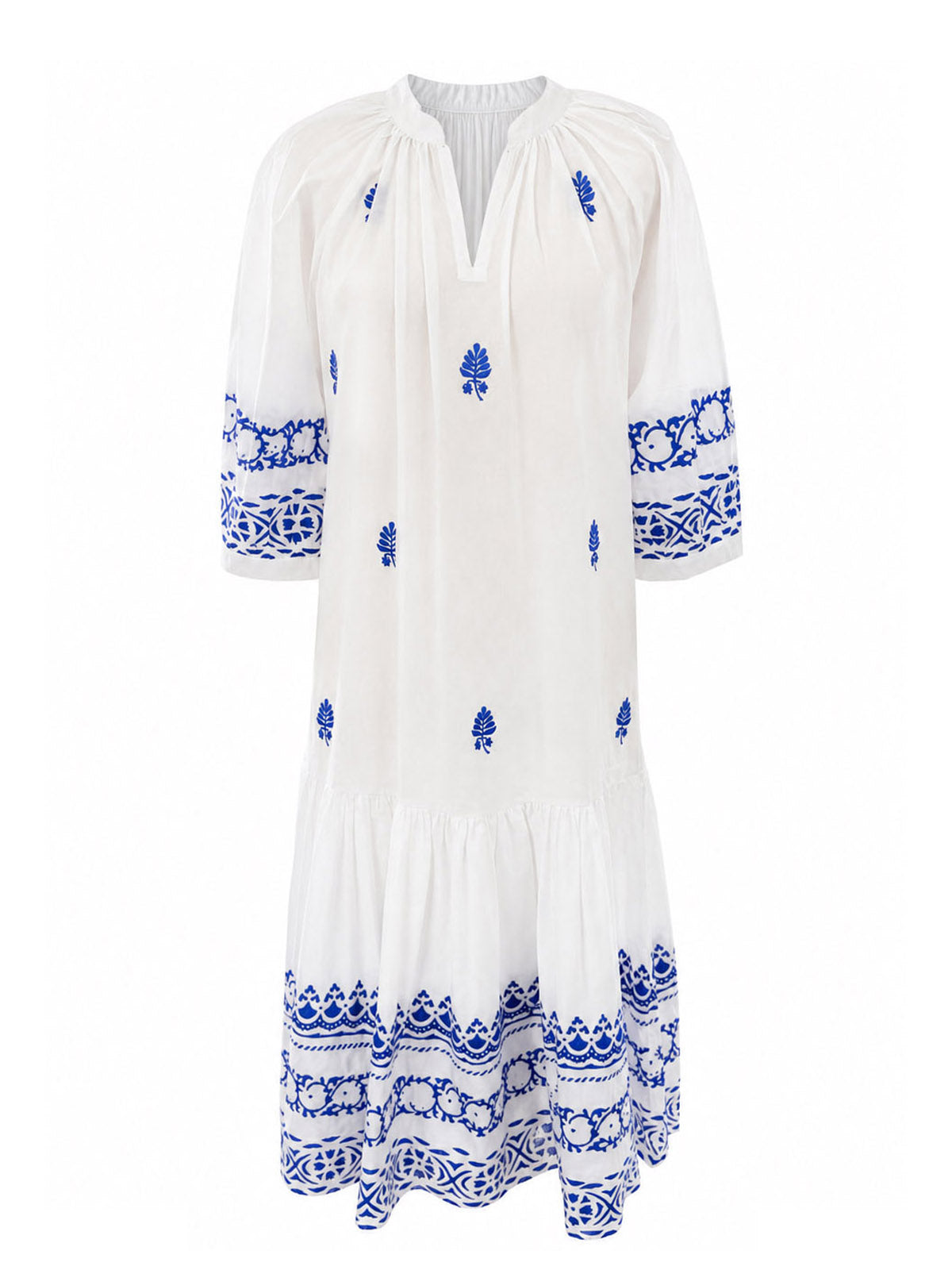 White & Blue Embroidered Cotton Dress