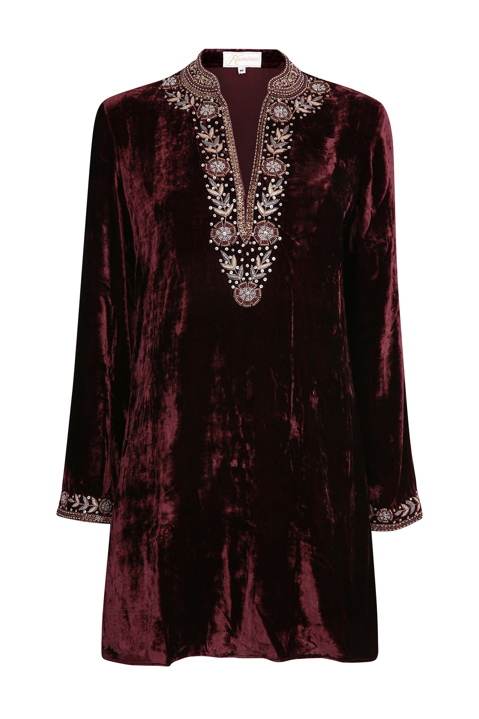 Deep burgundy velvet Samode tunic by Kaminee London