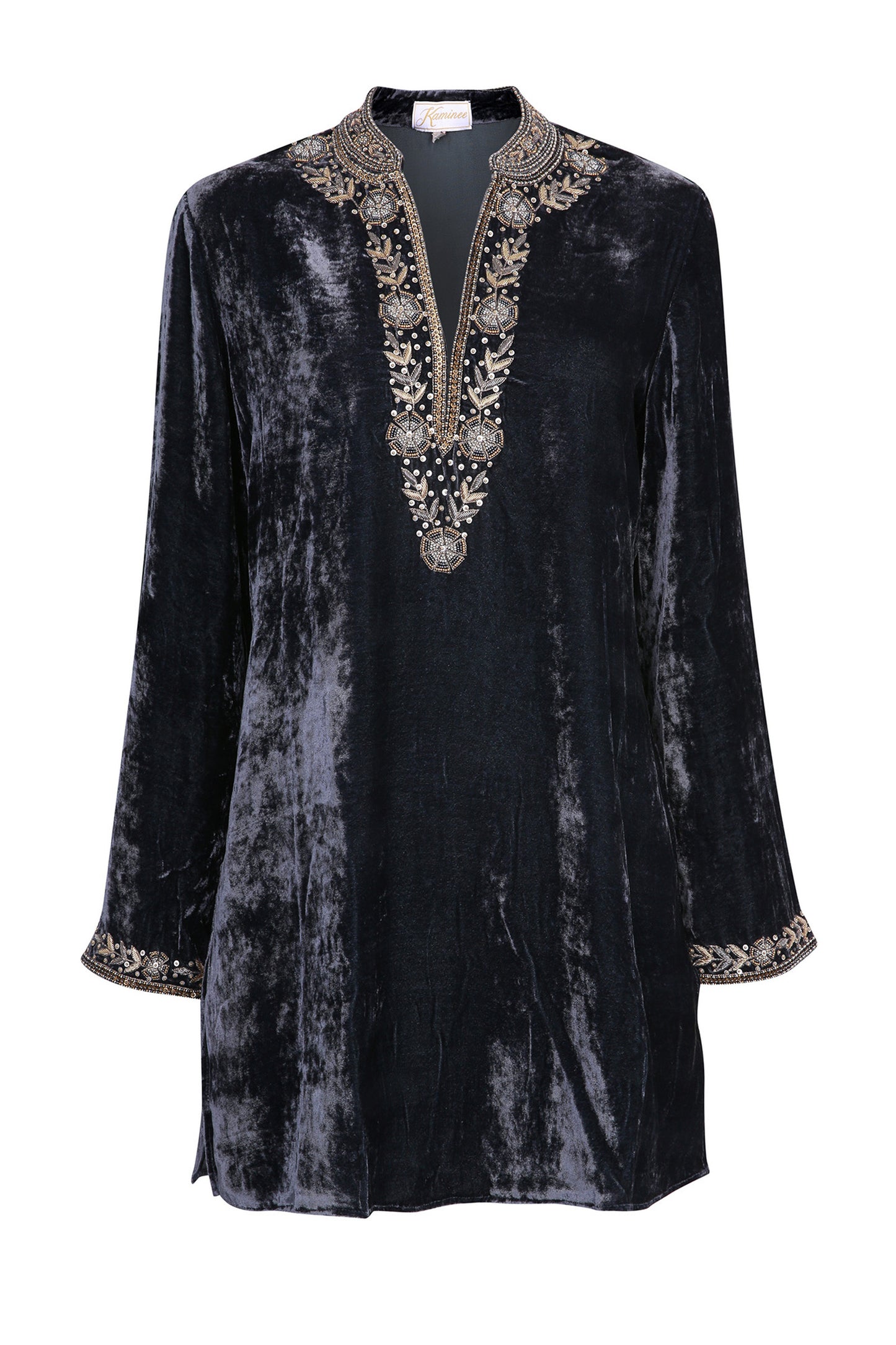 Dark grey velvet Samode tunic by Kaminee London