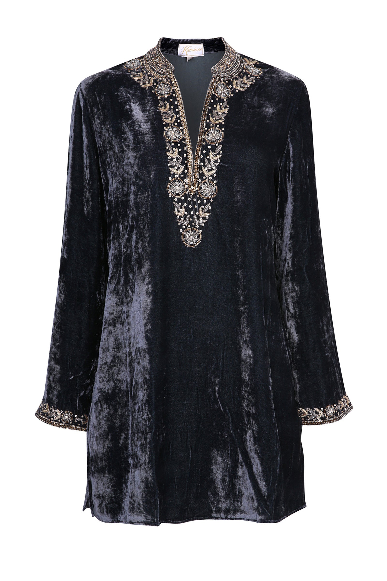 Dark grey velvet Samode tunic by Kaminee London