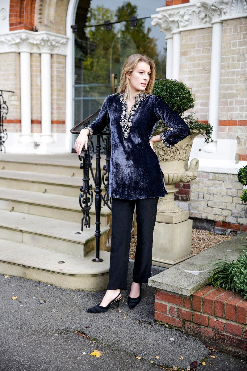 Dark grey velvet Samode tunic by Kaminee London