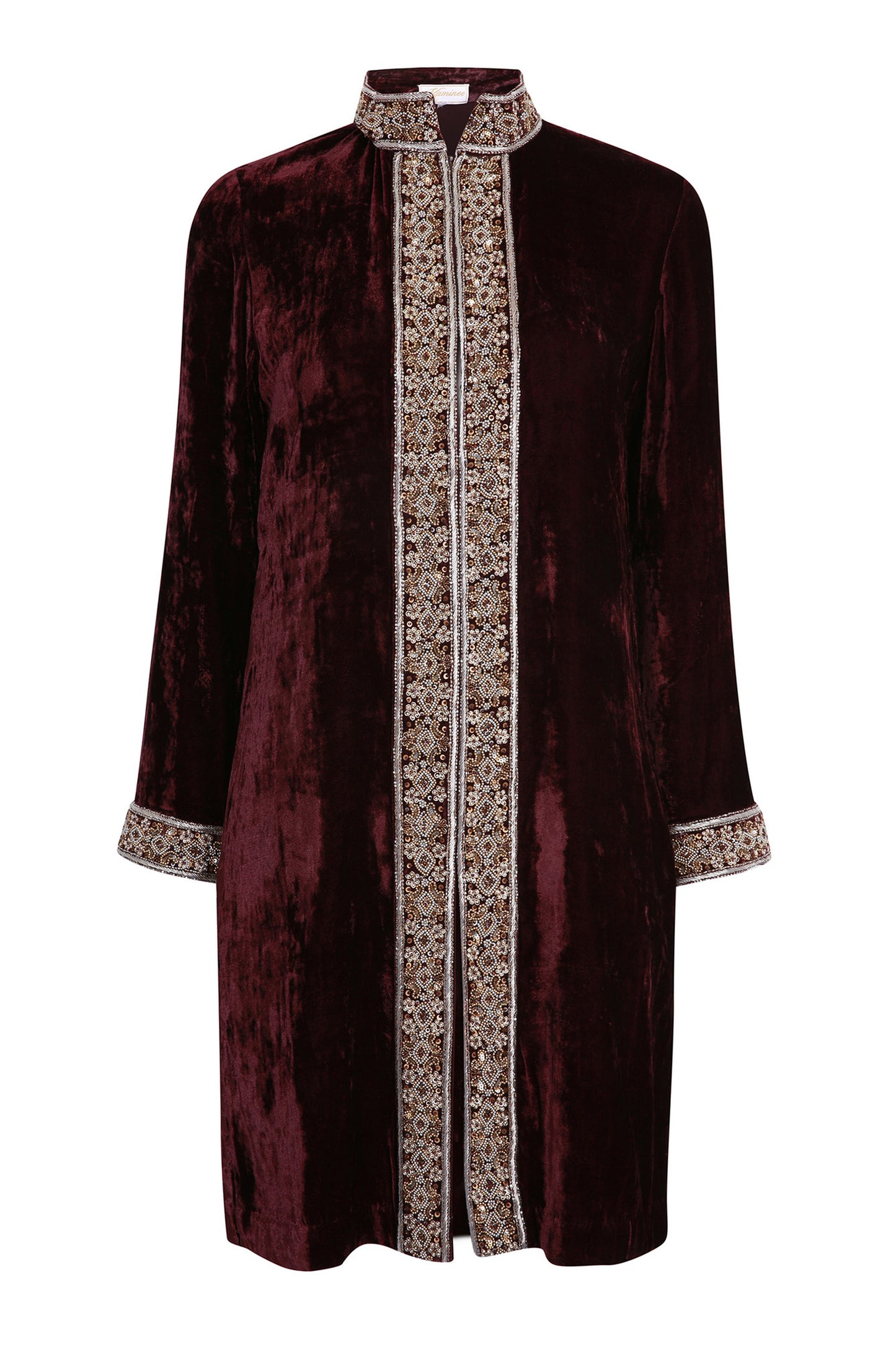 Deep burgundy velvet jacket with ornate embroidery and a refined fit by Kaminee
