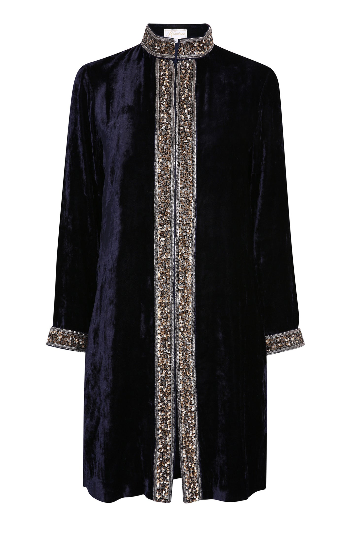 Midnight blue embroidered velvet jacket with a refined tailored silhouette by Kaminee